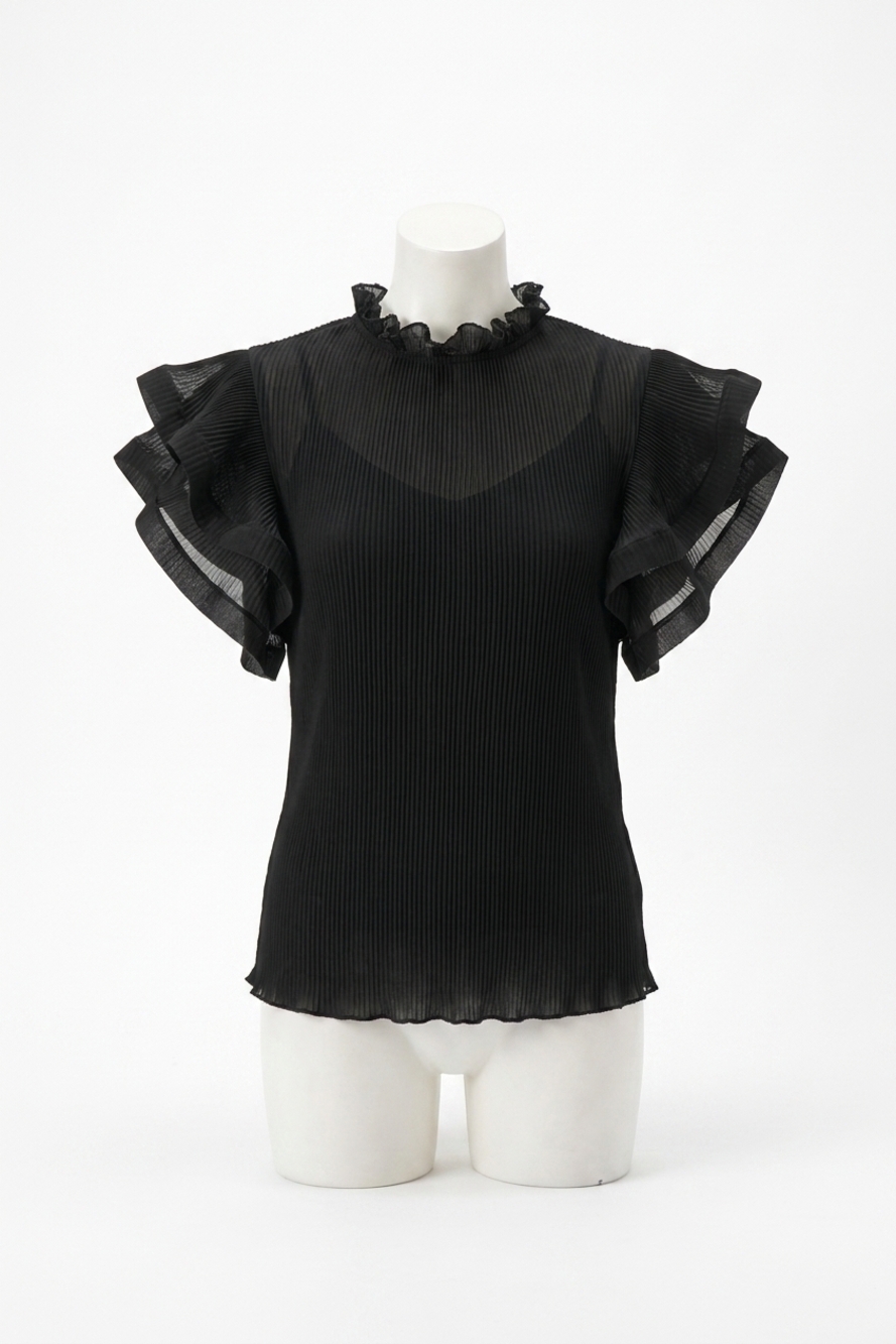 NEW JOSEPH RIBKOFF chiffon pleated top with ruffled sleeves in black